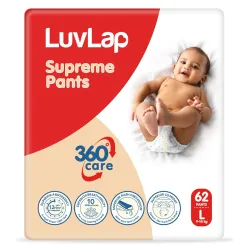 LuvLap Supreme Diaper Pants Large (LG) 9 to 14Kg, 62Pcs, 360° skin care with 10 million breathable pores, Aloe Vera for 