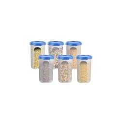 LUXART Round Modular Container Set | Airtight Plastic Kitchen Storage Jars | Pack of 6 | BPA-Free Food Grade Material for Fresh Pulses | Spices & Snacks, Stackable Space-Saving Design |