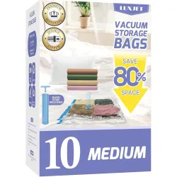 LUXJET 10 Pack Medium Vacuum Storage Bags with Hand Pump, 80% Storage Space Saving, Sturdy Leak-Free Space Saver Vacuum 