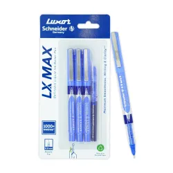 Luxor Schneider LX MAX Needle Tip Pen for Students and Office Use | Pack of 3 Blue + 1 Refill | Comfortable Grip, Ideal for Daily Writing