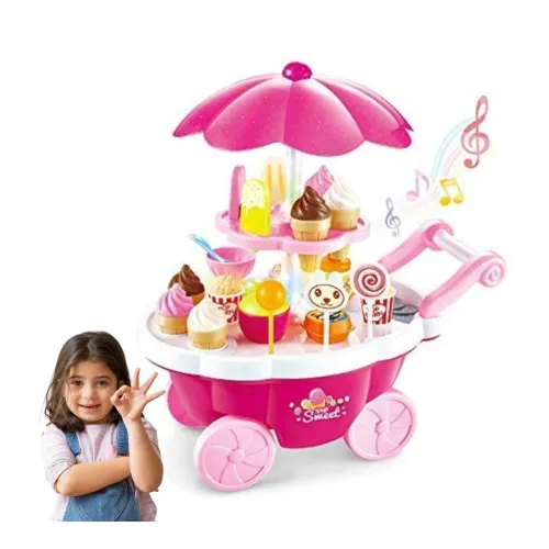 Image of Luxury Sweet Shopping Battery Operated 39 Pcs Ice Cream Trolley Pretend Roll Plastic Play Set