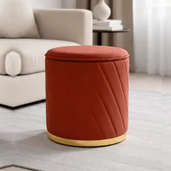 Luxury Velvet Ottoman Stool for Living Room & Bedroom | Premium Round Pouffe with Gold Metal Base | Modern Footrest, Ext