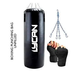 Lycan 3Ft Unfilled Boxing Bag # Heavy Boxing Bag with Steel Chain & Hand wrap # Great for Grappling, MMA, Kickboxing, Muay Thai, Karat (Black)