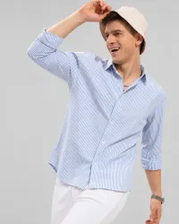 Lyphy Men Striped Casual White, Light Blue Shirt
