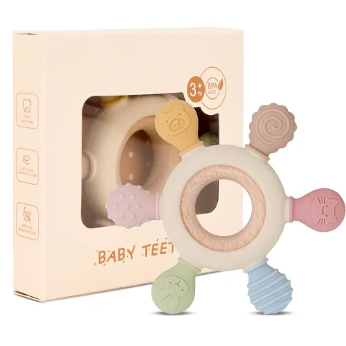 Image of Lyrovo Silicon & Wood Teether for 3+ Months Baby, BPA Free, Beige, infants