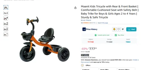 Image of Maanit Kids Tricycle with Rear & Front Basket