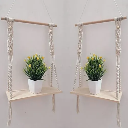 Image of Macrame Hanging Wall Mounted, Rustic Wood Wall Shelf, Floating Shelf for Photo Frame