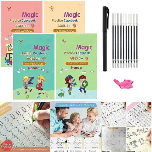 Image of Magic Reusable Copybook Set for Kids – 4 Books with Pen