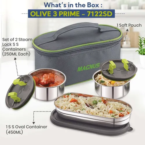 Image of Magnus Olive 3 Prime-3 Steam lock Stainless Steel Lunch Boxes 