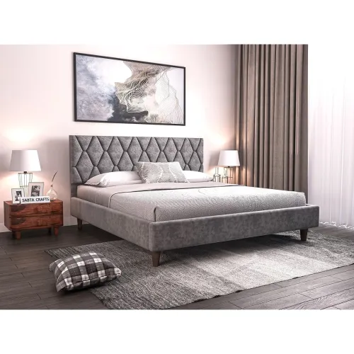 Image of MAHALA Craft Modern Upholstered Queen Size Bed for Bedroom Wooden Double Bed Platform Cot Bed with Upholstery Premium Fa