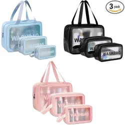Makeup Pouch Bag PVC Travel Toiletries Organizer Cosmetic Bags Wash Bag Pouch for Travel Kit Toiletry Bag Portable Organizer Case Carry Pouch for Women Bathroom Set of 3 (Blue-Colors)