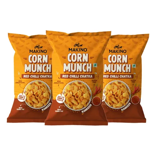 Image of Makino Corn Munch Red Chilli Chatka Spicy Snack, Pack of 3 (150g) Each - First Time in India, Sizzling Hot Flavour, Fier