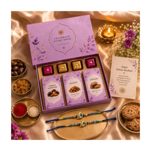 Image of MALVAS FOOD Rakhi Gift Hamper for Brother | Raksha Bandhan Gift Box with Rakhi, 4 Chocolates, Choco Almonds, Cookies, Ra