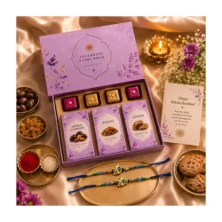 MALVAS FOOD Rakhi Gift Hamper for Brother | Raksha Bandhan Gift Box with Rakhi, 4 Chocolates, Choco Almonds, Cookies, Raisins, Roli Chawal Chandan Mishri & Greeting Card | Festive Gift Pack