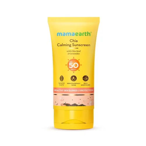 Image of Mamaearth Chia Calming Sunscreen with Chia Seed & Ceramides for Hydrated Glow & Sun Protection | SPF 50 PA++++ | Co-Crea