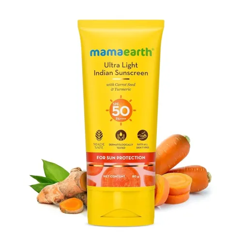 Image of Mamaearth Ultra Light Indian Sunscreen with Carrot Seed & Turmeric | SPF 50 PA ++++ | UVA & UVB Protection 