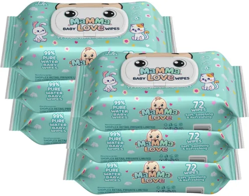 Image of Mamma Love 99% Pure Water Baby Wet Wipes with Lid | Pack of 6 | 72 pcs/pack | (432 Wipes)