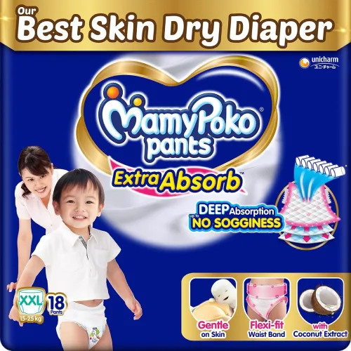 Image of MamyPoko Pants Extra Absorb Baby Diapers, Extra Extra Large (XXL size), 15-25 kg, 18 Count, Deep Sleep Diapers, Soft gen
