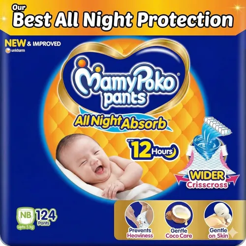Image of Mamypoko pants All night absorb| Pant Style Baby Diapers New Born/X-Small, 124 Count, Ideal for upto 5Kgs|1 Diaper= Upto