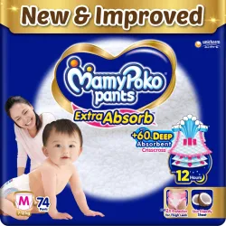 MamyPoko Pants Extra Absorb Baby Diapers, Medium (M size) | 7-12 kg | 74 Count |