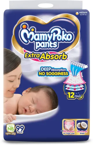 Image of MamyPoko Pants Extra Absorb Baby Diapers,0-5 kg - New Born (99 Pieces)