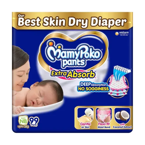 Image of MamyPoko Pants Extra Absorb Baby Diapers, New Born/X-Small | 0-5 kg | 99 Count |Deep Sleep Diapers| Soft Gentle fit |Dee