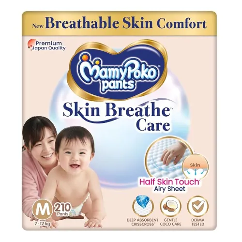 Image of MamyPoko Pants Skin Breathe Care | Baby Diapers Medium Size (M) | 210 Count | 7-12Kgs | Half Skin Touch Airy Sheet 