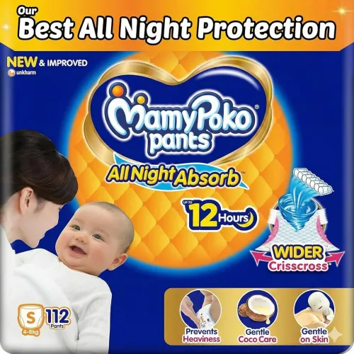 Image of Mamypoko pants All night absorb | Pant Style Baby Diapers Small Size (S), 112 Count, Ideal for upto 5Kgs | 1 Diaper= Upt