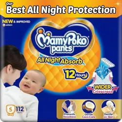 Mamypoko pants All night absorb | Pant Style Baby Diapers Small Size (S), 112 Count, Ideal for upto 5Kgs | 1 Diaper= Upt