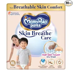 MamyPoko Pants Skin Breathe Care | Baby Diapers Extra Large Size (XL) | 80 Count | 12-17Kgs | Half Skin Touch Airy Sheet | 3X Breathable | Derma Tested