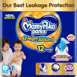 New Mamypoko Pants Premium All Night Absorb| Pant Style Baby Diapers Large Size(L), 62 Count, Ideal for 9-14Kgs|1 Diaper= Upto All Night Absorption now with 10% increased power|Wider Crisscr...
