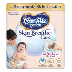 MamyPoko Pants Skin Breathe Care | Baby Diapers Small Size (S) | 74 Count | 4-8Kgs | Half Skin Touch Airy Sheet | 3X Breathable | Derma Tested