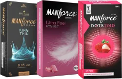 MANFORCE Condoms combo Pack (Litchi, Ultra Feel, King thin condoms 30 Pcs, (Pack of 3) Condom (Set of 3, 30 Sheets)