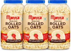 Manna Rolled Oats - 3kg| Gluten Free | High Protein & Fibre | 100% Whole Grain Plastic Bottle (3 x 1 kg)