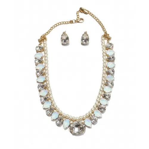 Image of Mansiyaorange Statement AD CZ American Diamond Cubic Zerconia Pearl Necklace Set