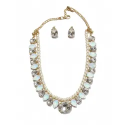 Mansiyaorange Statement AD CZ American Diamond Cubic Zerconia Pearl Necklace Set | Gold Plated Chunky Fashion Jewelry for Women & Girls