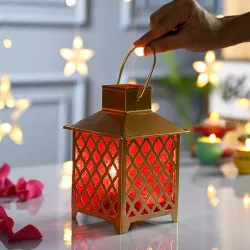 MARKET 99 Metal + Glass Lantern with Red Glass | Elegant Home Decor for Diwali, Christmas, Birthday, and Wedding | Decorative Candle Holder for Ideal for Festive & Ambient Lighting | Golden....