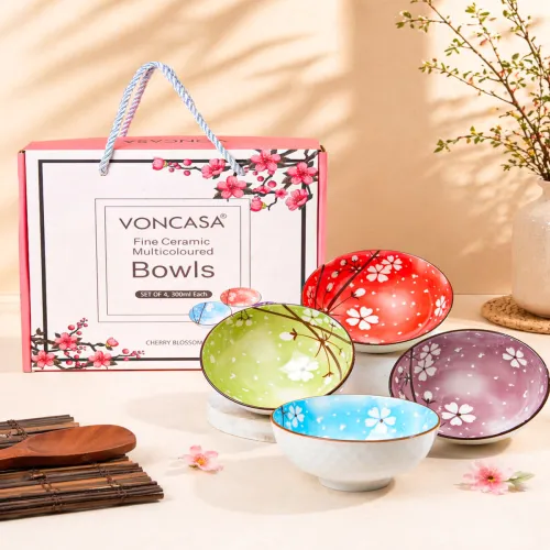 Image of MARKET99 Multicoloured 4 Piece Floral Ceramic Bowl Set 300 ml Each