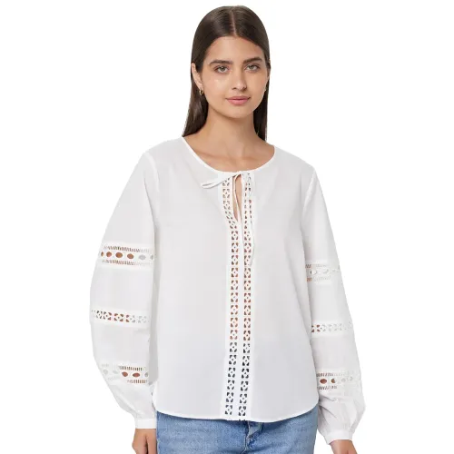 Image of Marks & Spencer Women Pure Cotton Broderie Tie Neck Blouse