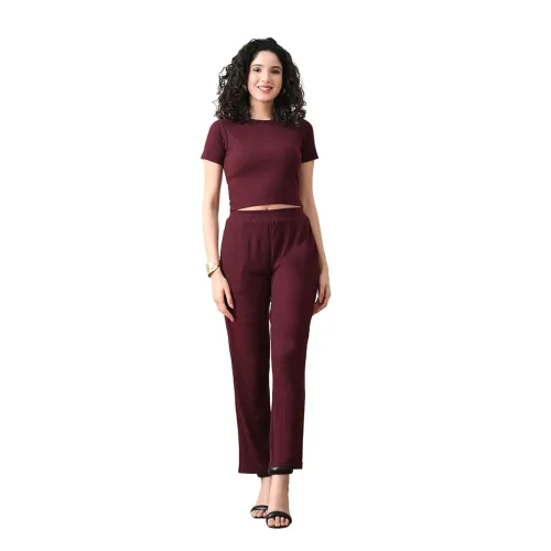 Image of Maroon Ribbed Co-ord Set Round Neck Crop Top with High waist Pant