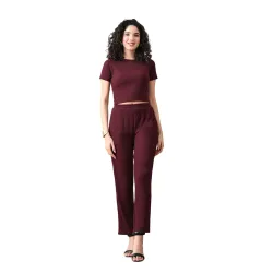 Maroon Ribbed Co-ord Set Round Neck Crop Top with High waist Pant
