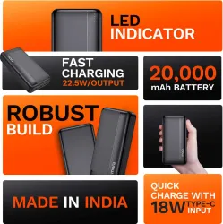 MarQ by Flipkart 20000 mAh 22.5 W Power Bank (Black, Lithium Polymer, Power Delivery 3.0, Quick Charge 3.0, Fast Chargin