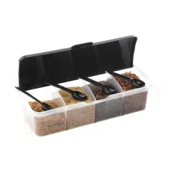 MasalaGhar 4 in 1 Masala Box 1800ml with 4 Spoons for Kitchen Storage - BPA Free Transparent Container for Spices Pickle Dry Fruits Grains Snacks with Colorful Lids