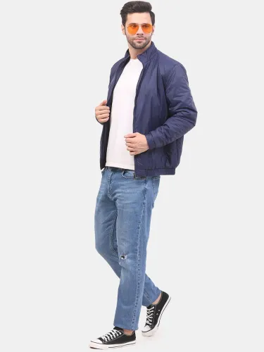Image of Mast & Harbour Navy Blue Mock Collar Long Sleeves Nylon Bomber Jacket