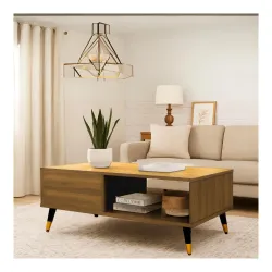 MATTERHORN Noir Coffee Table – 1000x550x500 mm (LxBxH), Engineered Wood & Steel with Black & Gold Legs, Free Assembly, 1-Year Warranty – Modern Center Table for Living Room (Almond Beige Fin...
