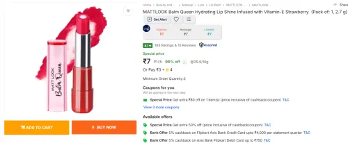 Image of MATTLOOK Balm Queen Hydrating Lip Shine Infused with Vitamin-E Strawberry  (Pack of: 1, 2.7 g)