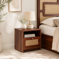 Mauritius Solid Wood Bedside Table - Premium Designer Cane Rattan - End Table for Bedroom, Home & Kitchen - Solid Sheesham Wood