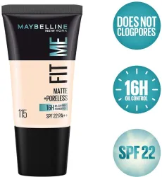 MAYBELLINE NEW YORK Fit Me Matte+Poreless Liquid Tube Foundation (115 Ivory, 18 ml)