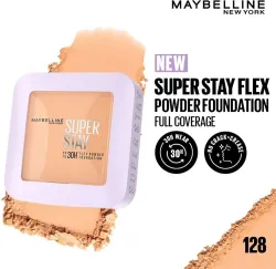 MAYBELLINE NEW YORK Super Stay Flex Powder Compact, 128, 30H Full Cover, for Oily Skin Foundation (128, 9 g)
