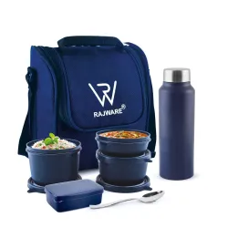Meal Master Stainless Steel Lunch Box with 4 Containers, 750 ml Water Bottle & Spoon | Leak-Proof Lunch Combo | 100 ml + 250 ml + 350 ml + 500 ml | Blue